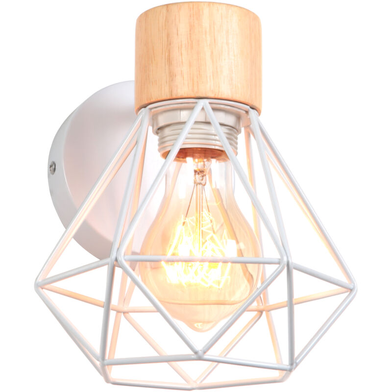 Applique Murale Industrielle Vintage Lampe Murale Fer Forgé Bois Éclairage Diamant Décoration E27 Blanc Ø15,5CM - 1Pcs