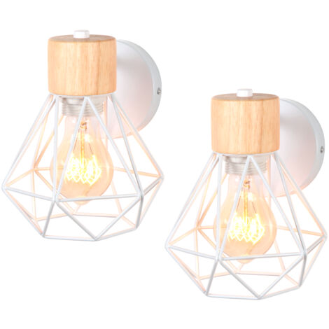 Applique Murale Industrielle Vintage Lampe Murale Fer Forgé Bois Éclairage Diamant Décoration E27 Blanc Ø15,5CM - 2Pcs