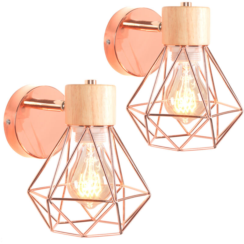 Wottes - Applique Murale Industrielle Vintage Lampe Murale Fer Forgé Bois Éclairage Diamant Décoration E27 Rose Ø15,5CM - 2Pcs