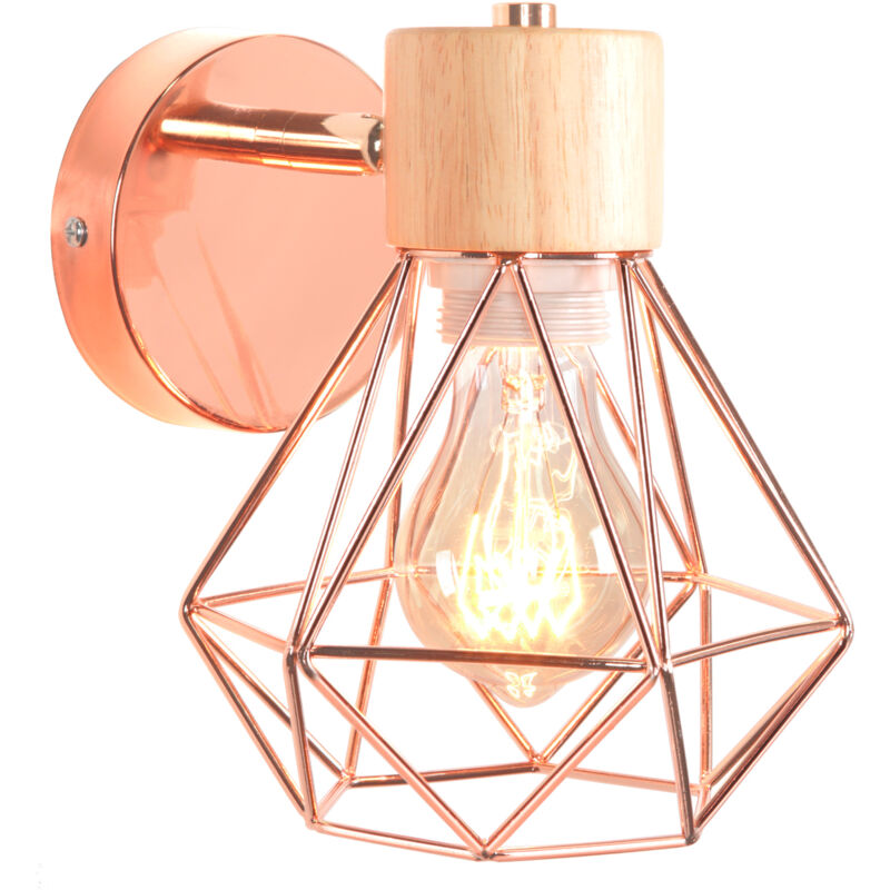 Applique Murale Industrielle Vintage Lampe Murale Fer Forgé Bois Éclairage Diamant Décoration E27 Rose Ø15,5CM - 1Pcs