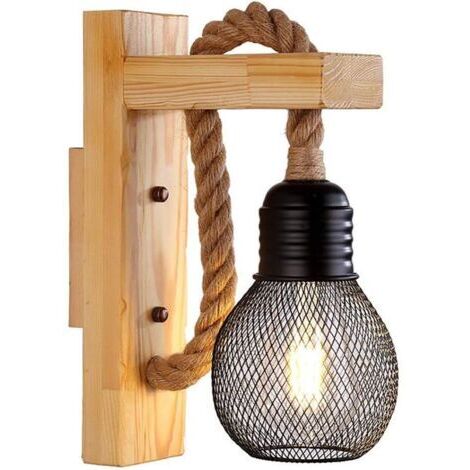 Applique murale industrielle vintage, lampe murale rustique en bois, abat-jour cage en métal noir, suspension murale en corde de chanvre pour chambre, salon (ampoule non incluse)