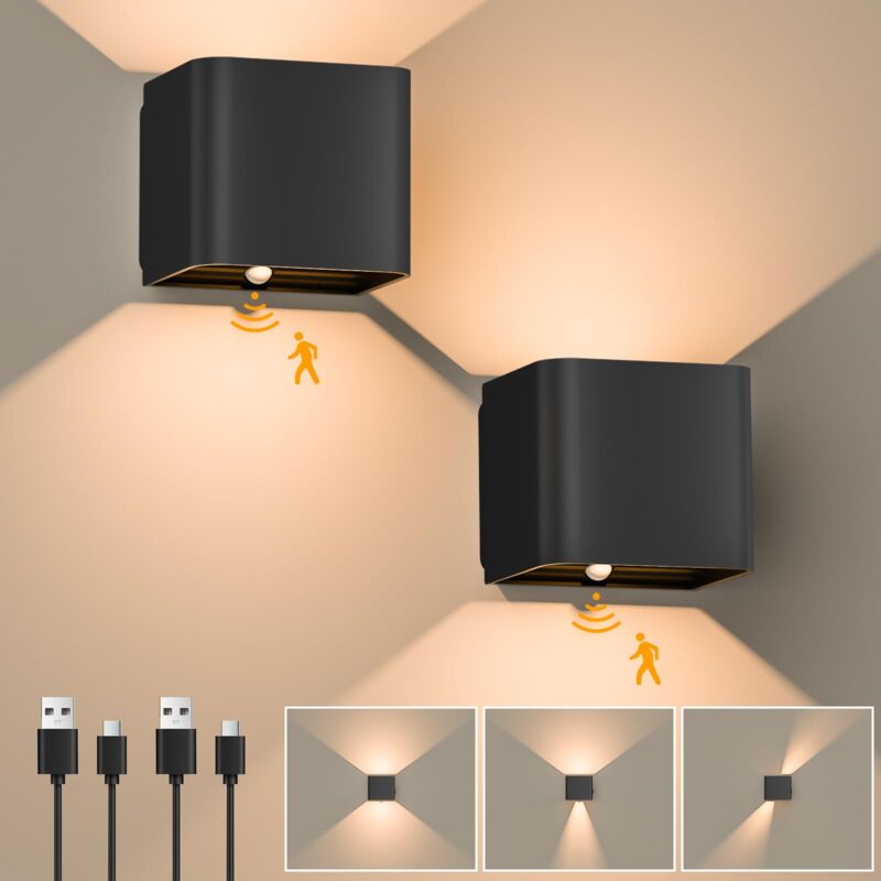 Applique Murale Interieur, 2 Pcs Applique Murale à Détecteur de Mouvement, Lampe Murale led Rechargeable, Lumière Blanche Chaude 3000K Lampe Murale