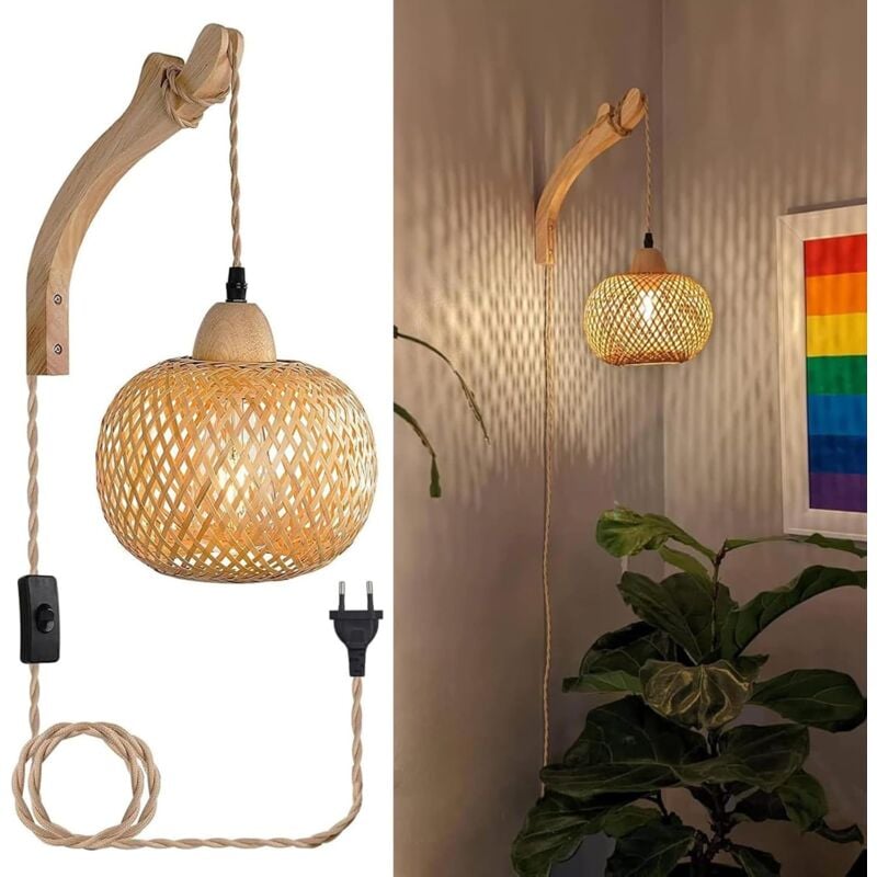 Applique Murale Intérieur Bois Vintage Lampe Murale avec Prise et Interrupteur, E27 Rétro Lanterne en Bambou, Lampe de Chevet en Rotin Pour Chambre