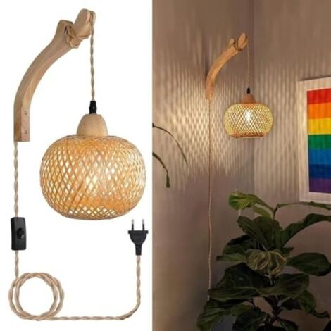 Applique Murale Intérieur Bois Vintage Lampe Murale avec Prise et Interrupteur, E27 Rétro Lanterne en Bambou, Lampe de Chevet en Rotin Pour Chambre Salon (Sans Ampoule)