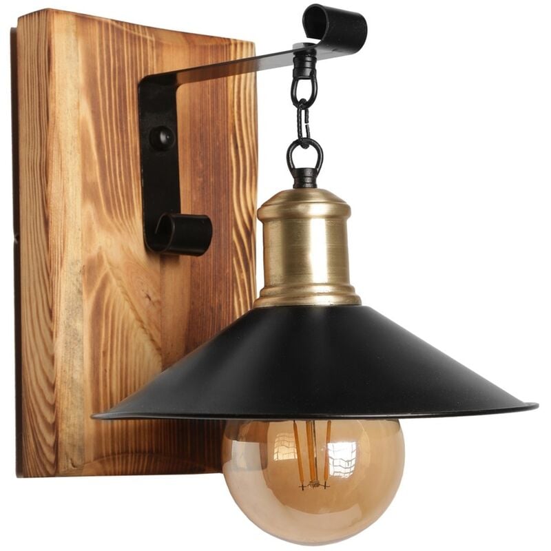 Applique Murale Interieur, en bois et métal, luminaire rétro industriel , Noir 15x26x28 cm