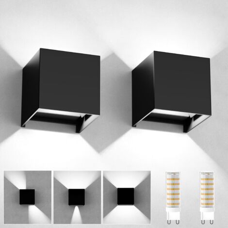 Applique Murale Interieur/Exterieur 2 Pièces, Applique Murale Ampoules Remplaçables LED Murale Lampe IP65 Étanche 6000K Blanc Froid Réglable Lampe Up Down Design Moderne Appliques Murales Noir