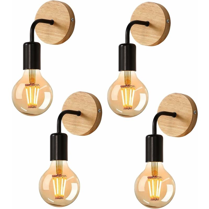 4 Pack Applique Murale Interieur Industrielle, Appliques Murale Bois, Noir, Lampe Murale Métal Decoration Murale Rétro, pour Salon, Chambre à Coucher