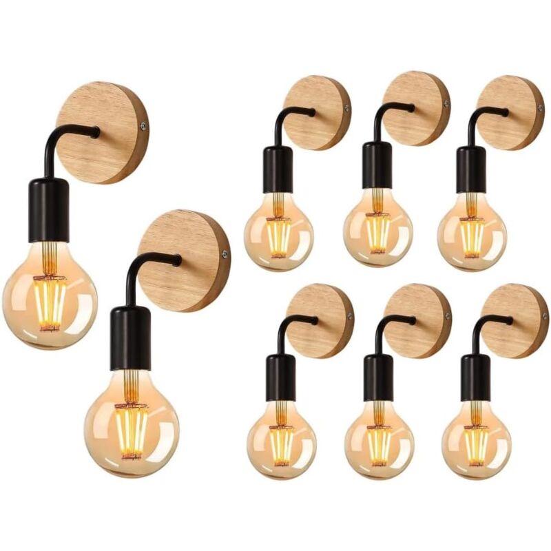 8 Pack Applique Murale Interieur Industrielle, Appliques Murale Bois, Noir, Lampe Murale Métal Decoration Murale Rétro, pour Salon, Chambre à Coucher