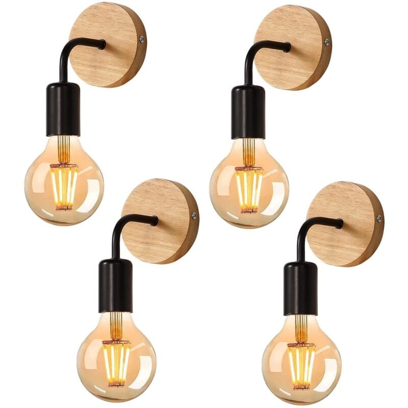 Applique Murale Interieur Industrielle 4 pièces,Noir Lampe Murale en Bois Métal, Appliques Wall Decoration Murale Rétro pour Salon, Chambre à Coucher