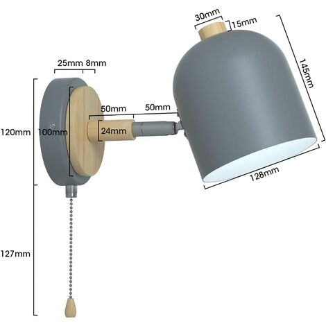 Applique Murale Interieur, Lampe Murale avec Interrupteur Vintage Rétro E27 Lampe de Mur Bois Veilleuse Appliques pour Chambre, Salon, Escalier, Couloir (Gris)
