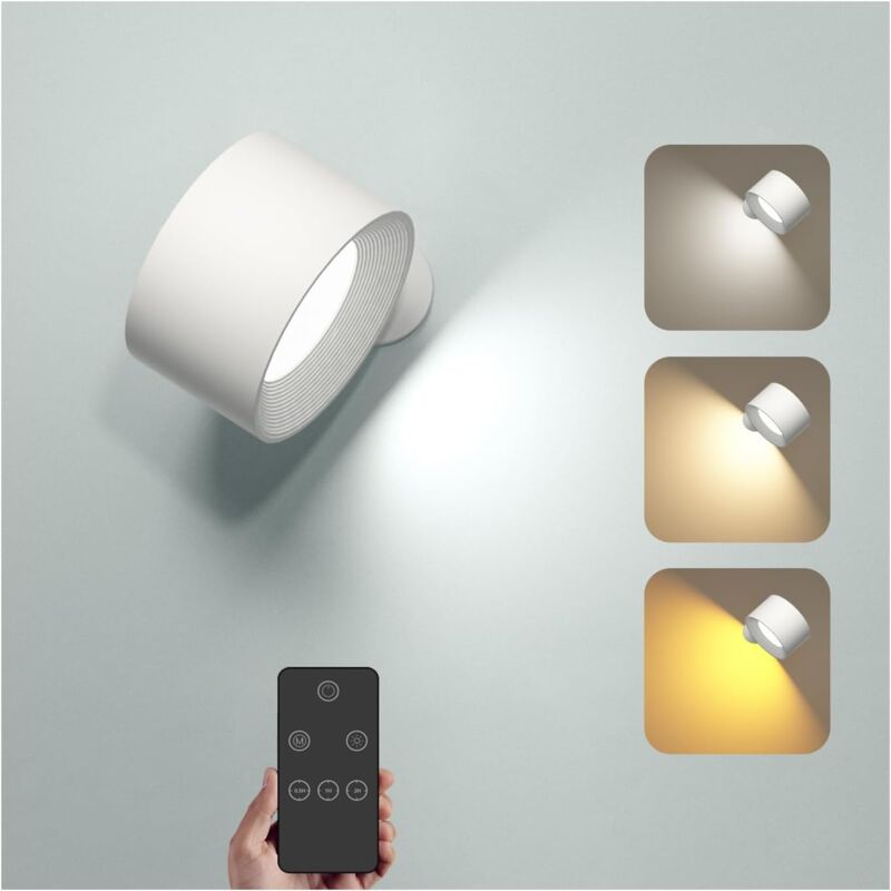 Applique Murale Interieur, Lampe Murale avec Télécommande à Gradation et Batterie Rechargeable, Commande Tactile, 3 Niveaux de Luminosité, 3 Modes de