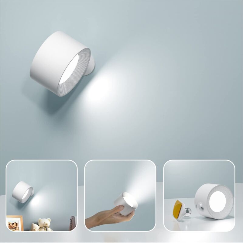 Applique Murale Interieur, Lampe Murale Touch led avec Port de Charge usb Contrôle Tactile, 3 Niveaux de Luminosité 3 Températures Rotatifs 360°