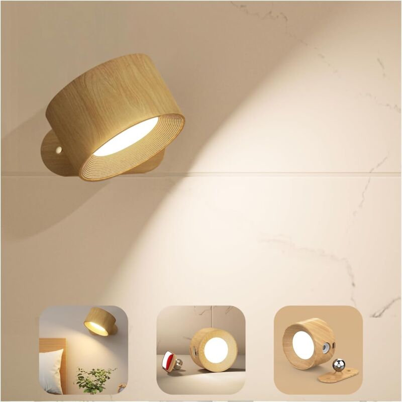 Applique Murale Interieur, Lampe Murale Touch LED avec Port de Charge USB Contrôle Tactile, 3 Niveaux de Luminosité 3 Températures Rotatifs 360°