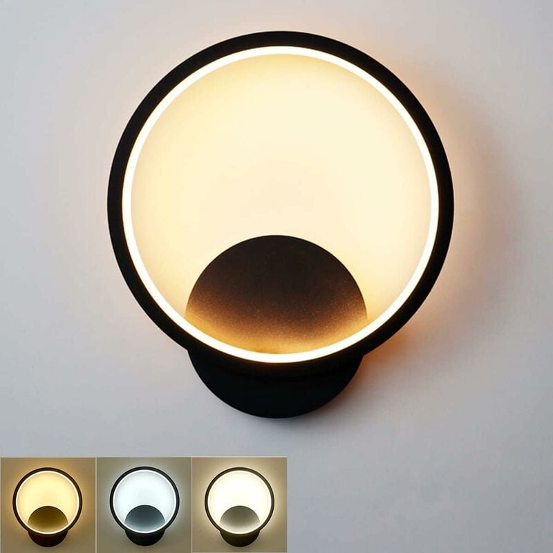 Ersandy - Applique Murale Interieur led 12W,Applique Murale Design Ronde Noir,Blanc Chaud Blanc Naturel Blanc Froid Trois Modes D'éclairage,RA≥85