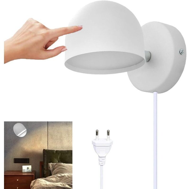 Applique Murale Intérieur LED 9W Avec Prise, Lampe Murale Tactile Dimmable Lampe de Chevet Rotatif 360°, 3000k Blanc Chaud Réglable Liseuse pour