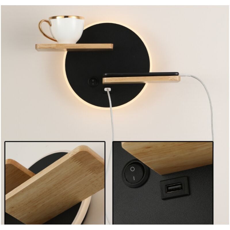 Applique Murale Intérieur led avec port usb Lampe Murale moderne avec interrupteur Lampe De Lecture lampe de chevet Éclairage Veilleuse, 301912cm
