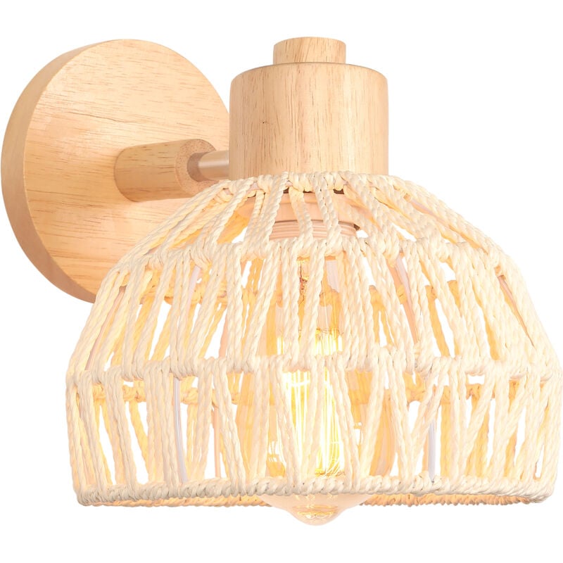 Applique Murale Intérieure 20CM Lampe Murale Réglable en Bois et Rotin Rétro E27 Luminaire Applique Vintage pour Chambre Salon (Blanc)