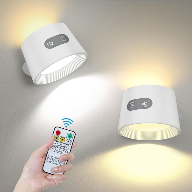 2 Unité Appliques Murale 2600mAh Batterie Rechargeable, Lampe Murale Intérieure Télécommande & Commande Tactile sans Fil, Doubles Lumieres Latéraux 3