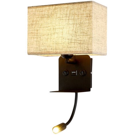 Applique Murale Intérieure avec Flexible LED Liseuse, Applique de Chevet avec Port USB Applique et Étagère, Lampe Murale de Chambre à Coucher avec Abat Jour Tissu,White Light Reading Light,C