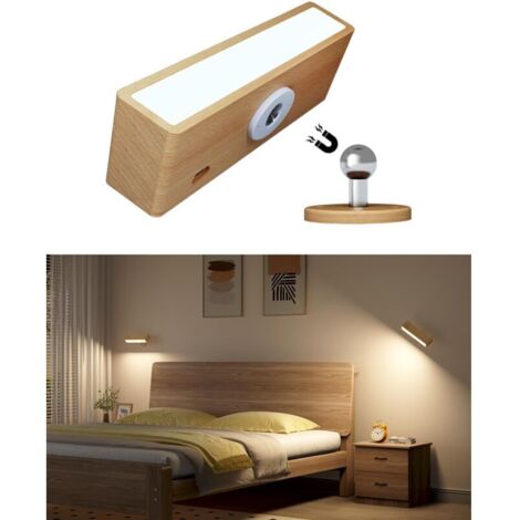 Applique Murale Intérieure Chambre, Lampe de Chevet Murale Sans Fil Rechargeable USB, Réglage de La Luminosité, Tactile, Applique Murale LED Bois