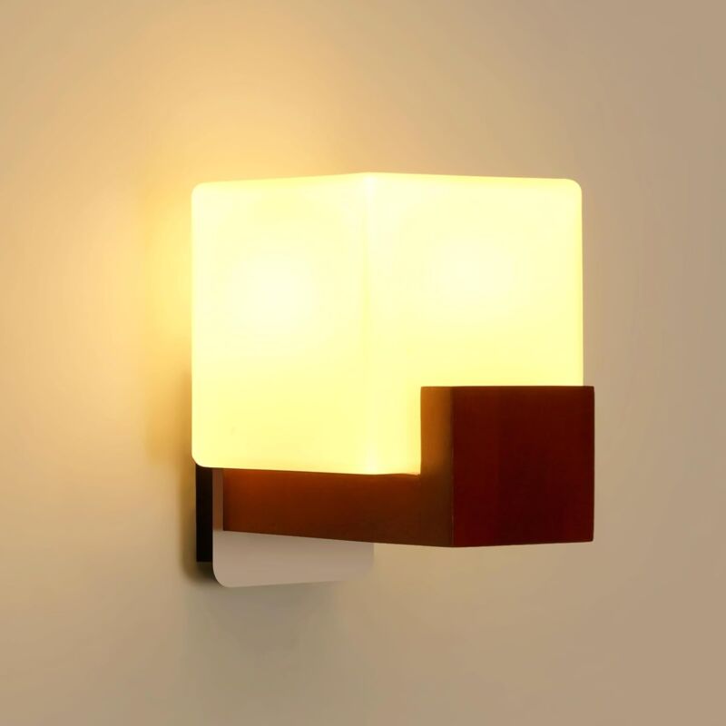 Goeco - Applique Murale Intérieure en Bois, Design Carré Créatif en Noyer, Abat-jour en Verre 12x12cm, E27 Style Vintage pour Chambre Salon Salle à