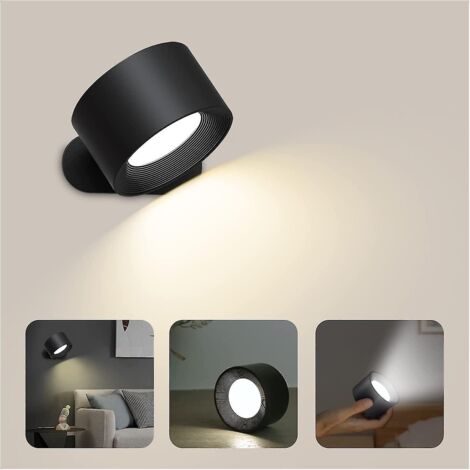 Applique murale intérieure tactile LED avec port de chargement USB, commande tactile, 3 niveaux de luminosité, 3 températures, lampe de chevet rotative à 360° pour chambre à coucher