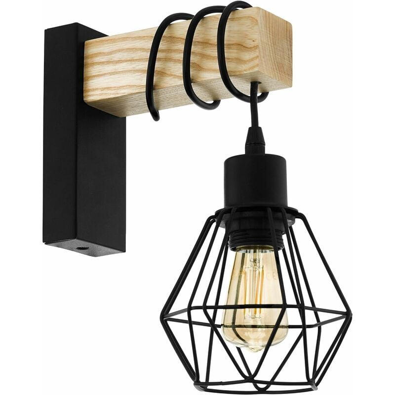 Applique Murale Intérieure Townshend 5, luminaire Déintérieur au Design Vintage et Industriel, lampe Retro en Acier Noir et Bois, Douille E27