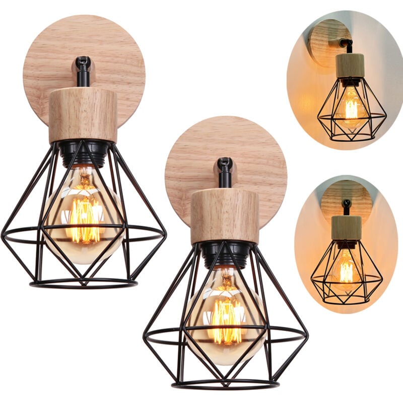 Applique Murale en Bois E27 Lampe Murale Vintage Industrielle Cage en Métal E27 40W Noir - 2PCS