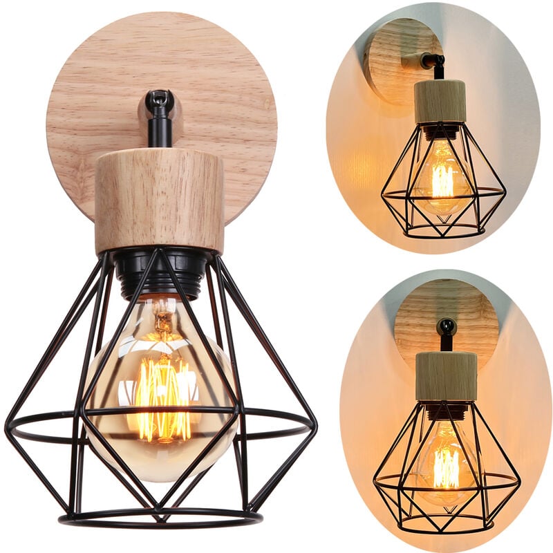 Applique Murale en Bois E27 Lampe Murale Vintage Industrielle Cage en Métal E27 40W Noir - 1PCS