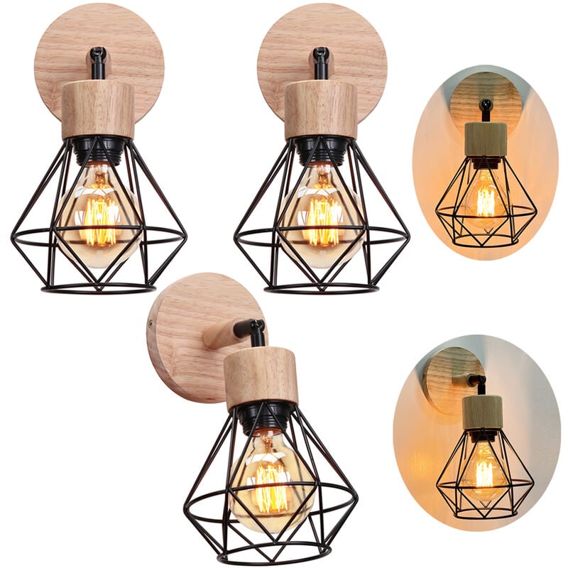 Applique Murale en Bois E27 Lampe Murale Vintage Industrielle Cage en Métal E27 40W Noir - 3PCS