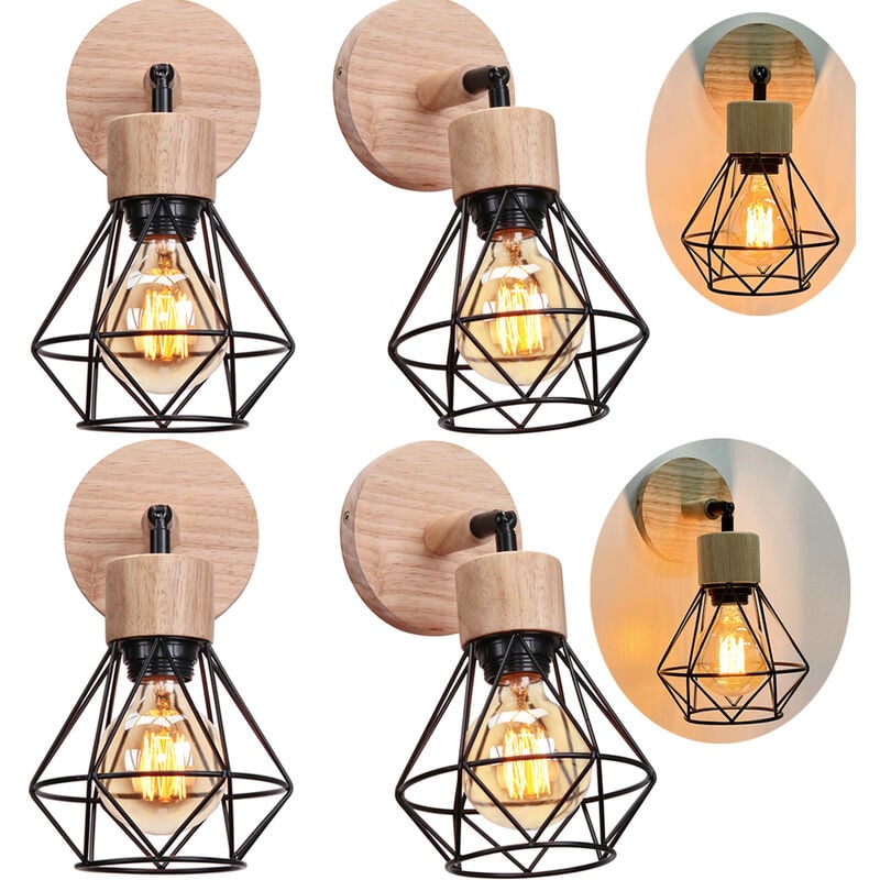 Applique Murale en Bois E27 Lampe Murale Vintage Industrielle Cage en Métal E27 40W Noir - 4PCS