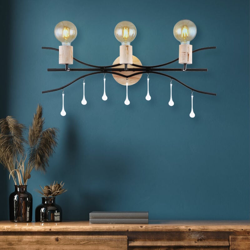 Applique murale lampe de salon lampe de chambre lampe de salle à manger lampe de couloir, métal, bois noir satiné verre naturel, 3 ampoules E27, w 76