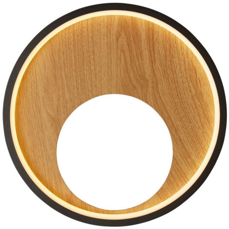 Applique murale lampe de salon LED aspect bois naturel noir rond opale