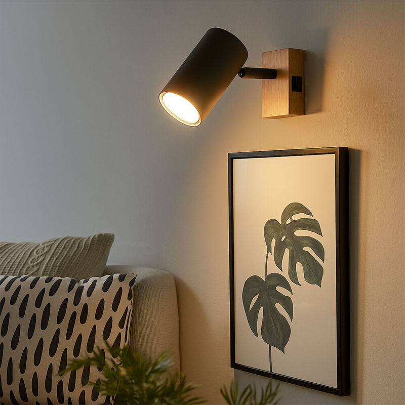 Globo - Applique murale lampe en bois lampe de salle à manger avec spot orientable, métal noir graphite marron, 1x GU10, LxH 7x10 cm