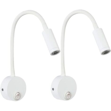 Applique murale LED 3 W pour lecture – 2 pièces, bras flexible réglable, aluminium blanc, interrupteur intégré, câblage encastré