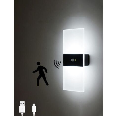 Applique murale LED à détecteur de mouvement, chargement USB, veilleuse sans fil avec détecteur de mouvement, allumage/extinction automatique, idéale pour la chambre ou le salon, noire, 6000 K