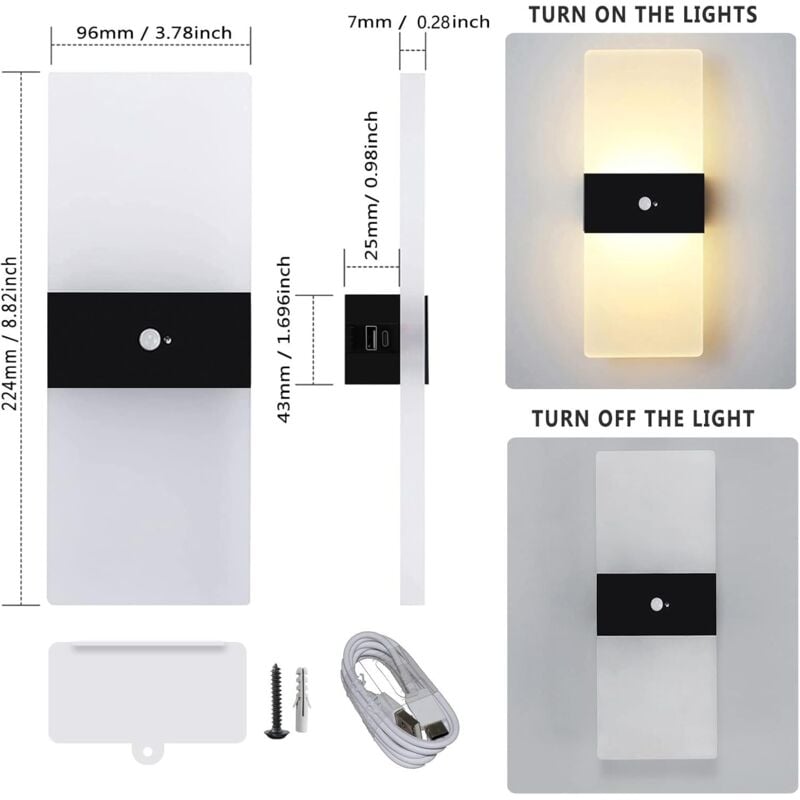 Ersandy - Applique Murale led avec Détecteur de Mouvement Intérieur, Lampe Murale à Piles Veilleuse usb Rechargeable Batterie Lumière de Capteur de