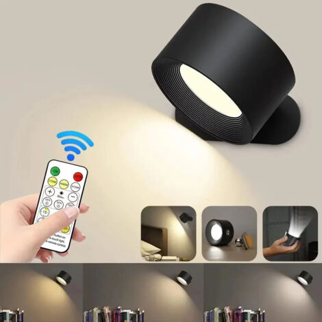 Applique murale LED avec télécommande, applique rechargeable, veilleuse, 3 températures de couleur et rotation magnétique à 360°, sans fil, noir