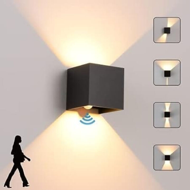 12W Cube LED Wall Light – Up/Down Lighting, Motion Sensor, IP65, Black
