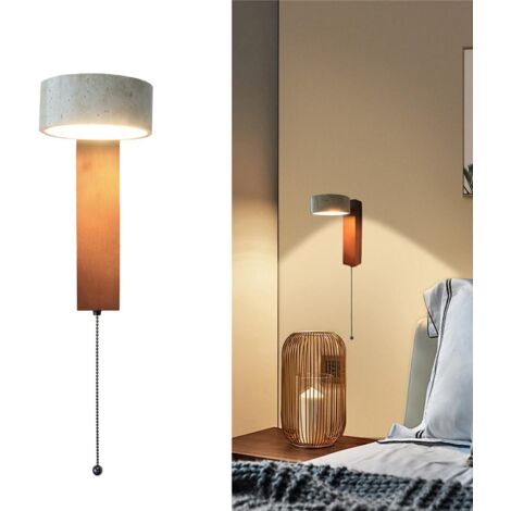 Applique murale LED en bois avec interrupteur à fermeture éclair, base en noyer noir, abat-jour rotatif en travertin jaune, et rustique, convient aux chambres, salons et couloirs.