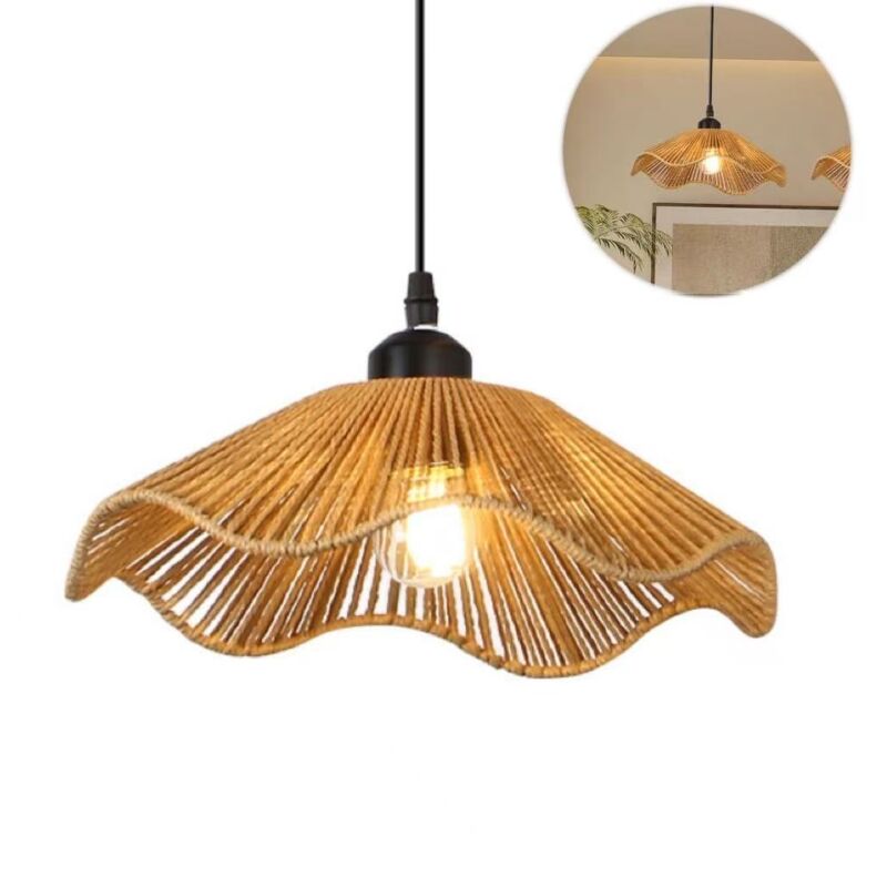 Lustre en rotin en forme de feuille de lotus, douille E27, lumière LED chaude, applique murale rétro, convient au salon et à la salle à manger.