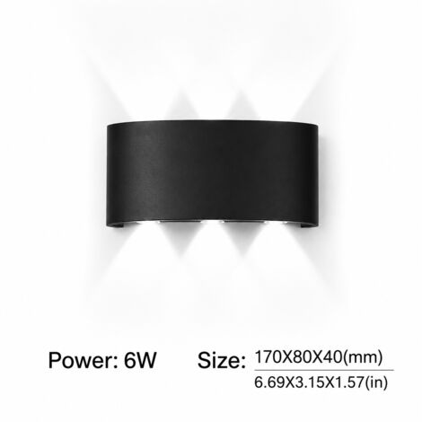 Applique murale LED extérieure 6W blanc froid, lampe extérieure Up et Down noire, IP65 étanche, aluminium éclairage mural pour mur extérieur, jardin et couloir