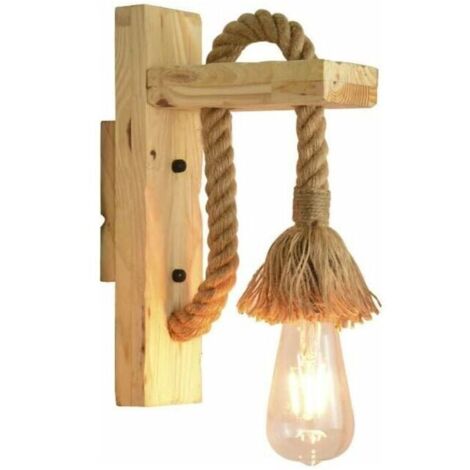 Applique murale LED industrielle GABRIELLE, lampe décorative en bois et corde de chanvre pour café, hôtel, restaurant, luminaire, culot E27, ampoule Edison, lumière chaude incluse