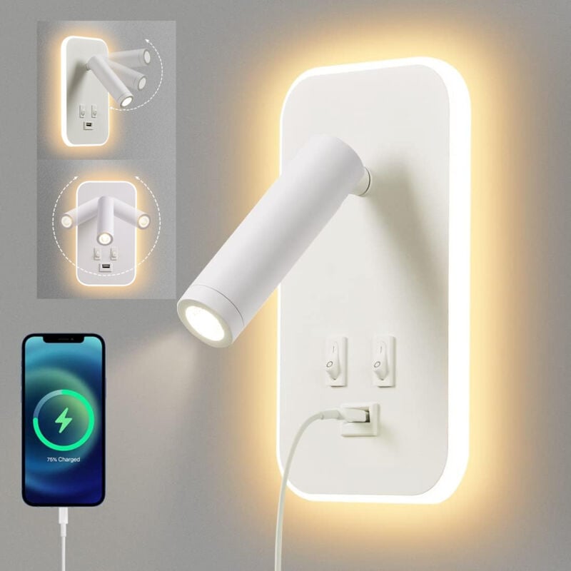 Applique murale led, liseuse de chevet avec interrupteur, port de charge usb, éclairage d'ambiance réglable pour chambre (lumière naturelle 3 w +