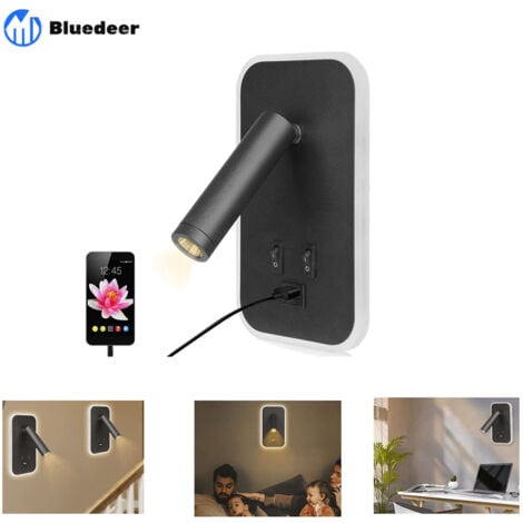 Applique murale LED, liseuse de chevet avec interrupteur, port de charge USB, éclairage d'ambiance réglable pour chambre (lumière naturelle 3 W + lumière chaude 9 W) Noir