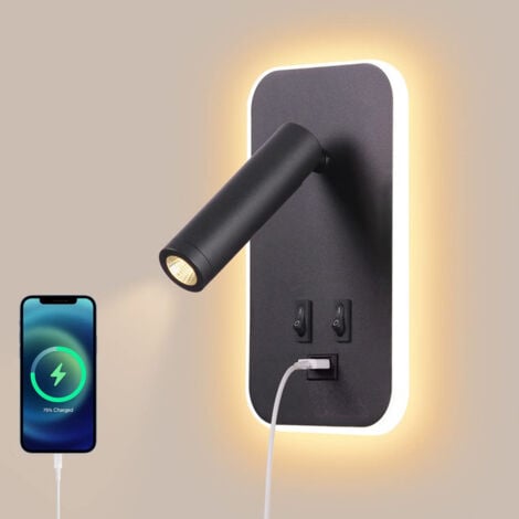 Applique murale LED, liseuse de chevet avec interrupteur, port de charge USB, éclairage d'ambiance réglable pour chambre Noir，OUYLAF
