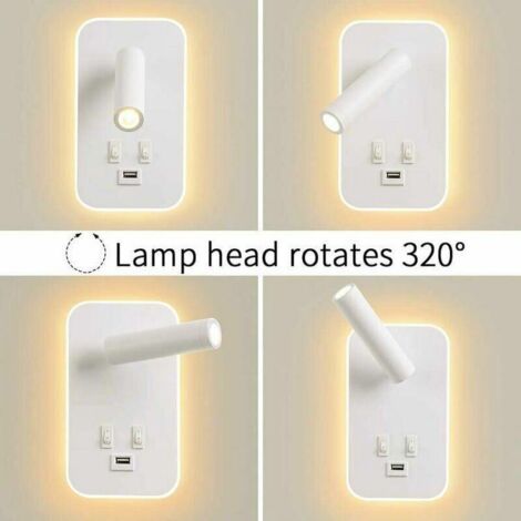 Applique Murale Led, Liseuse De Chevet Avec Interrupteur, Port De Charge Usb,  Réglable (Lumière Naturelle 3 W + Lumière Chaude 10 W) Blanc