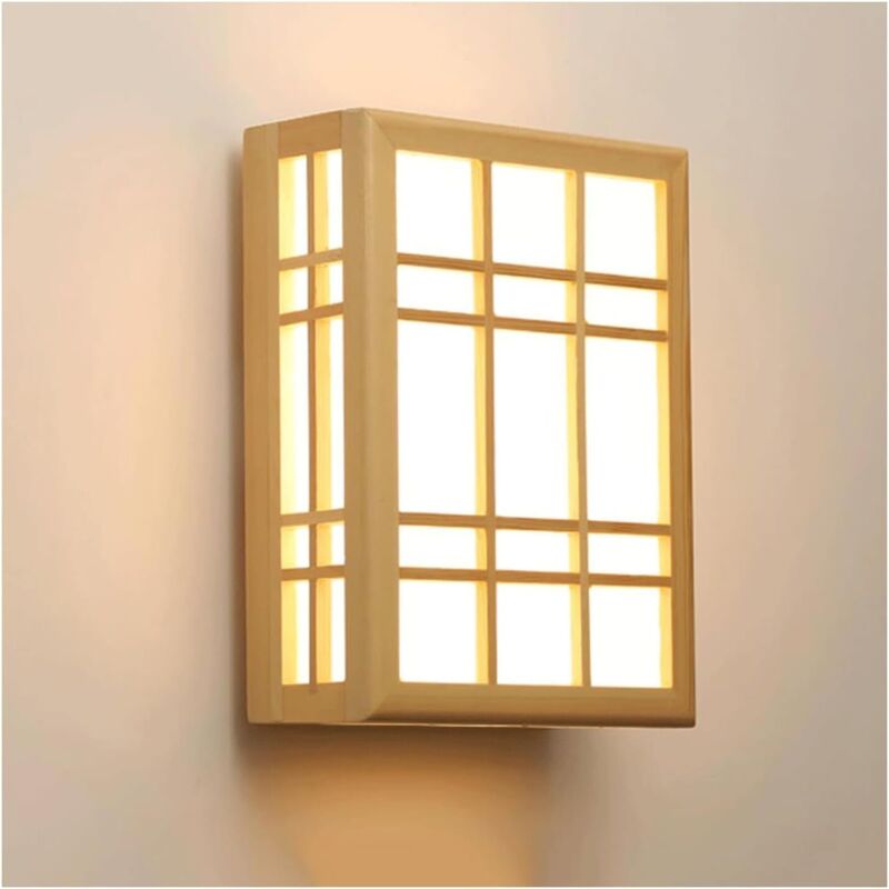 Applique Murale led Moderne avec Abat-Jour en parchemin, Style Japonais, en Bois Massif, luminaire carré d'intérieur pour Chambre, Salon, Couloir,