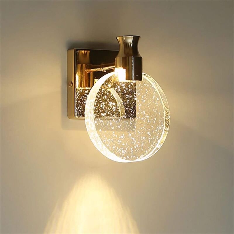 Applique murale LED moderne et créative en cristal avec abat-jour rond en cristal à bulles, lampe de chevet dorée pour salon, chambre à coucher,