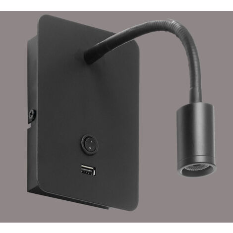Applique murale LED noire flexible avec port USB – 160 lumens – lumière 3000 K – métal noir mat – interrupteur sur socle – Millumine